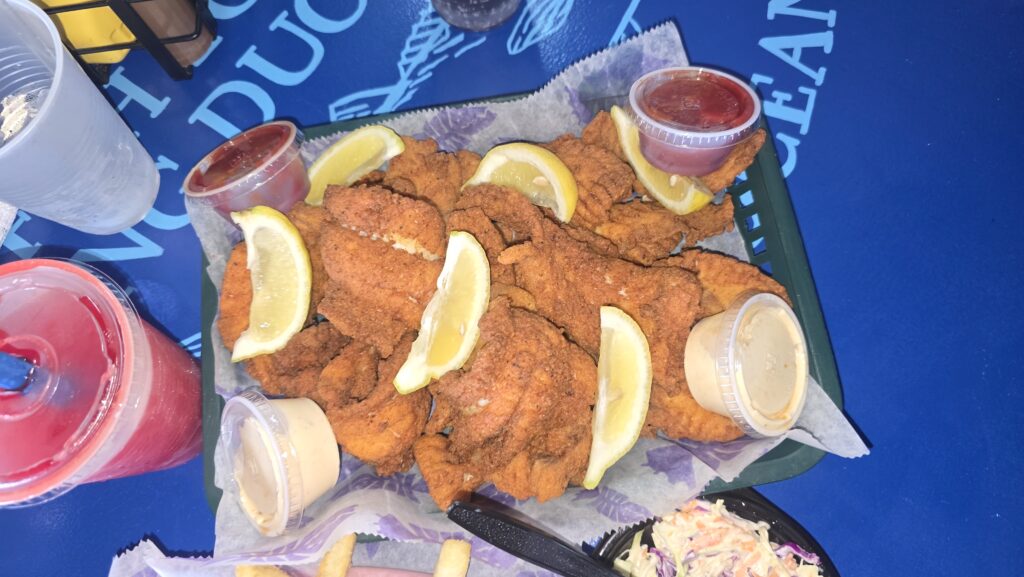 Fresh caught flounder prepared at local restaurant Ocean City Hook and Cook charter