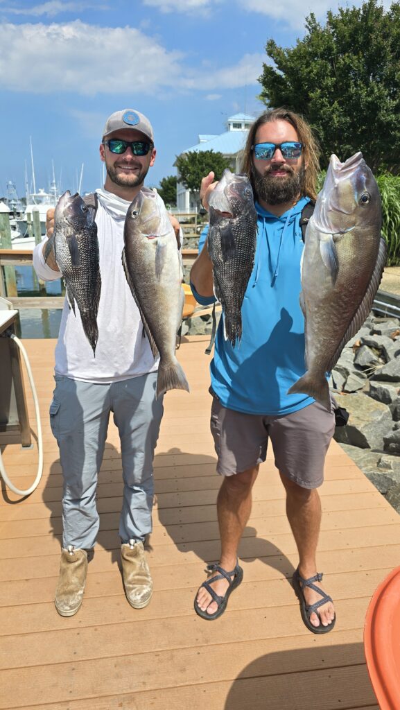 Two anglers holding black sea bass and golden tilefish at Ocean City marina after offshore wreck fishing charter